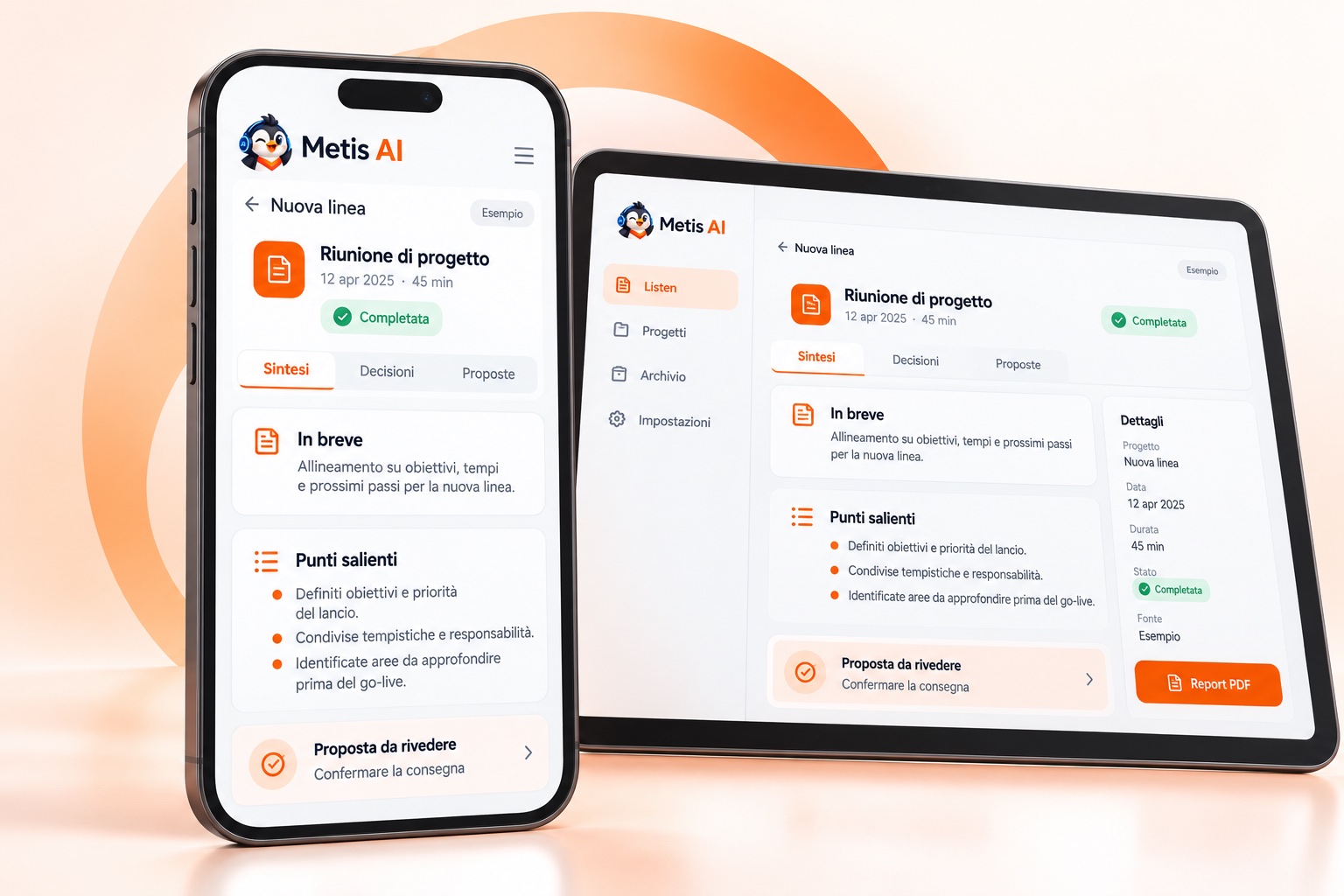 Concept di Listen AI su smartphone e tablet con sintesi, decisioni e proposte da rivedere