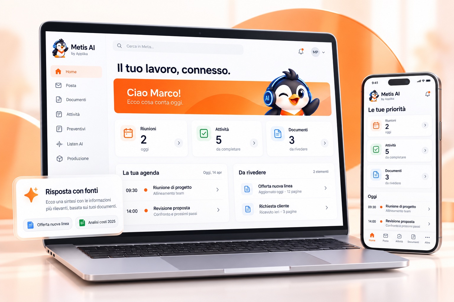 Concept marketing del portale Metis su laptop e della companion su smartphone, con agenda, documenti e priorità